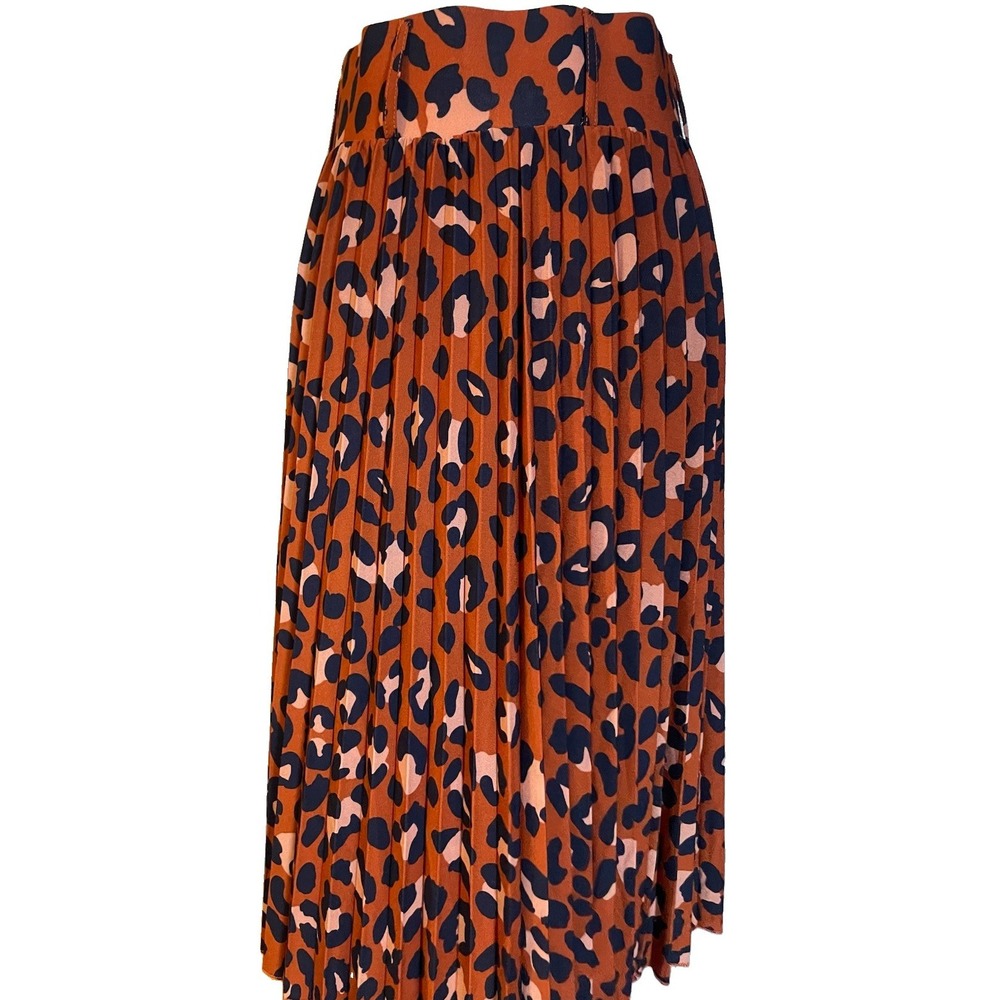 Accordion Pleated Midi Skirt Sz M Leopard Print Black Brown Belt Loops Career